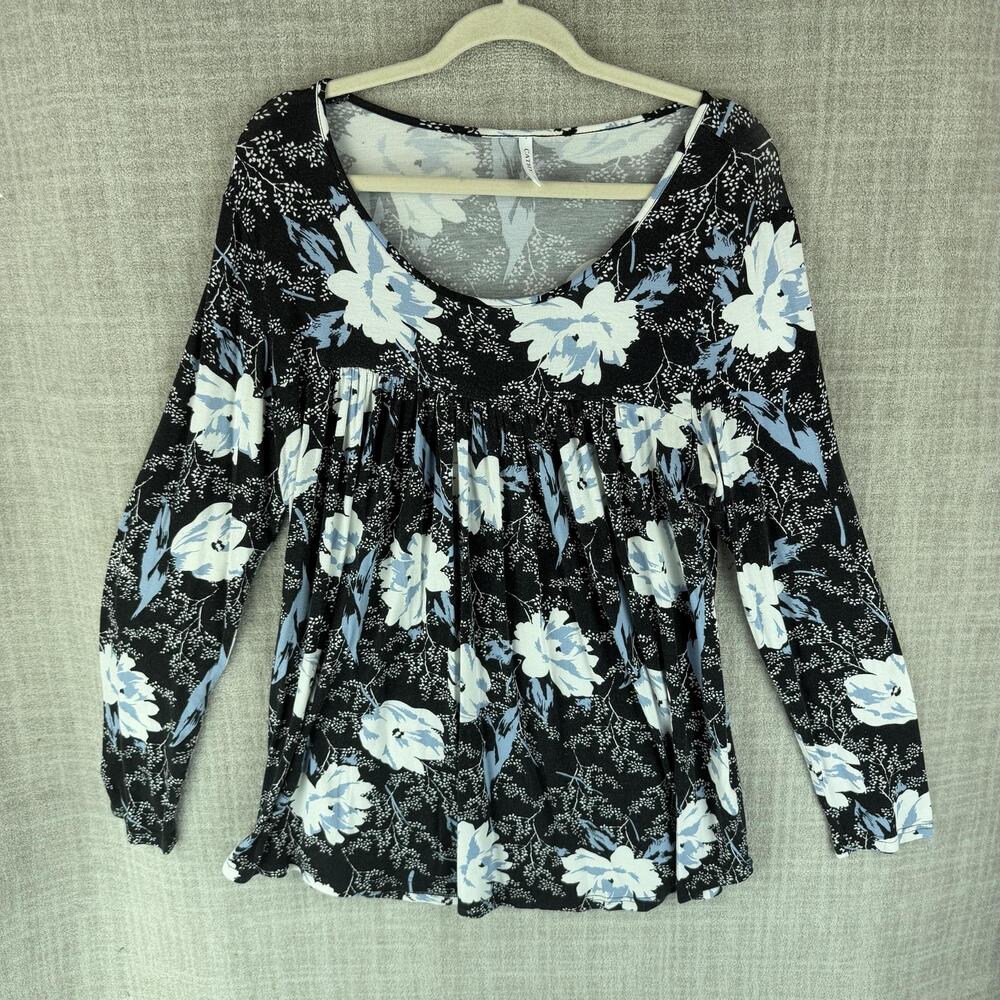 CATHY Blouse Womens 2XL Black Tunic Scoop Neck Long Sleeve Hawaiian Floral